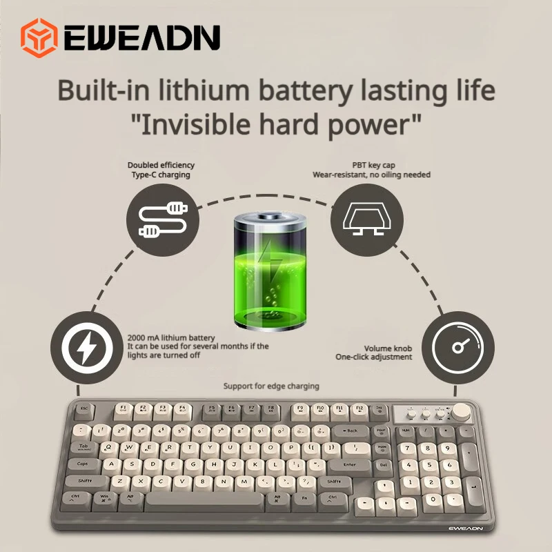 EWEADN V1 스타일리쉬 3-모드 무선 콤보 백라이트 저소음 키보드 마우스 인체공학적 데스크탑 키트
