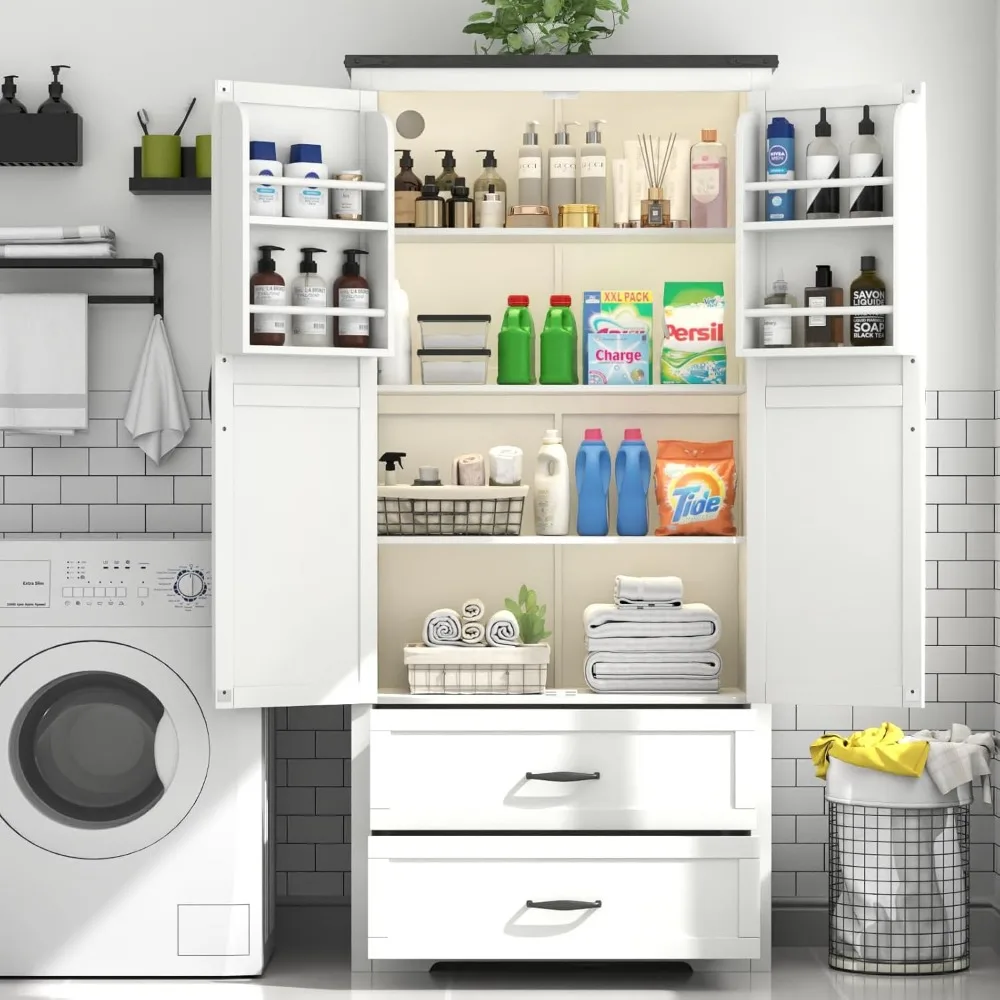Tall Farmhouse Kitchen Cabinet with Sensor Light, Kitchen Pantry Cabinet with 2 Large Drawers and Adjustable Shelves