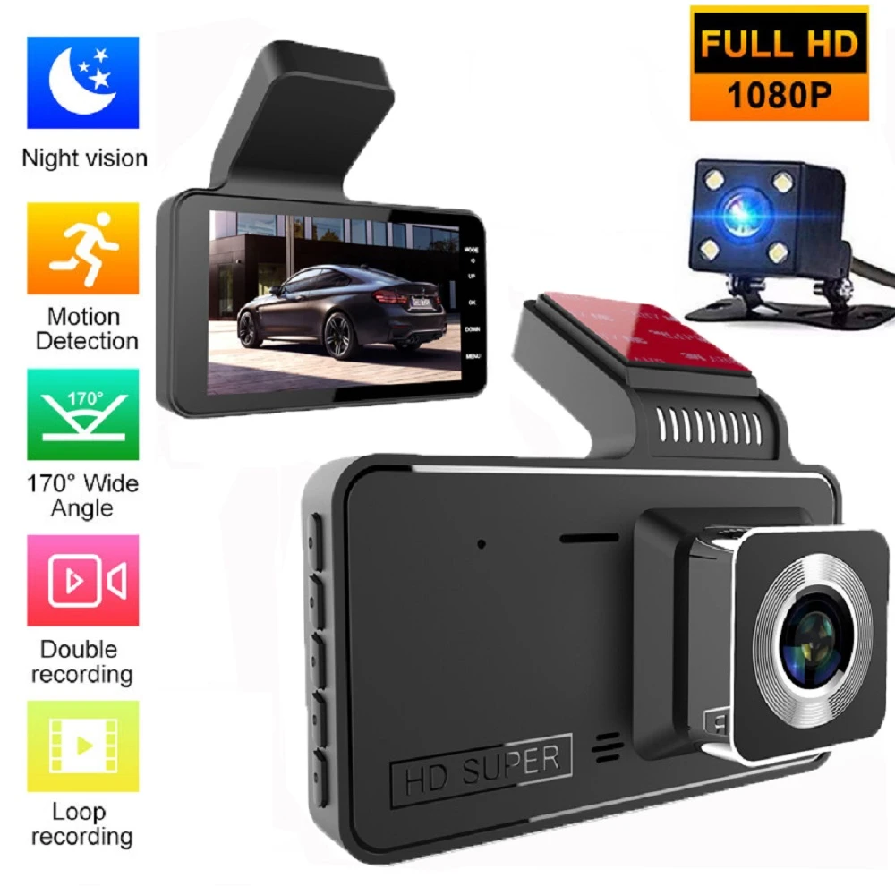 Dual Dash Cam 1080P FHD DVR Car Driving Video Recorder 4 Inch LCD Screen 170° Wide Angle, G-Sensor, WDR, Parking Car Monitor rear view mirror camera system