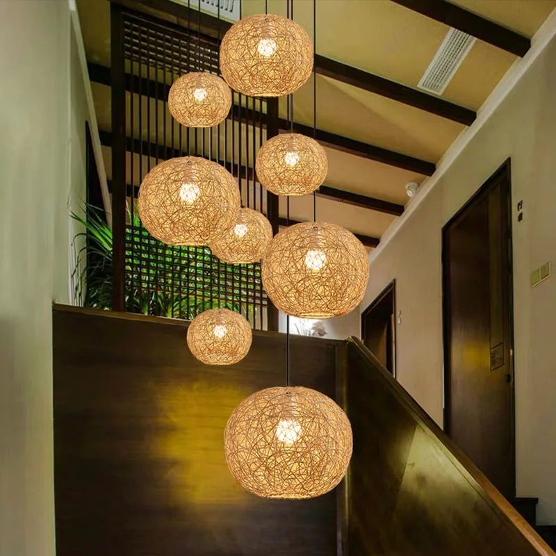 

ZK50 Natural Rattan Chandelier Chinese Round Lantern Rattan Lampshade Restaurant Bedroom Lighting Decorative Lamp E27