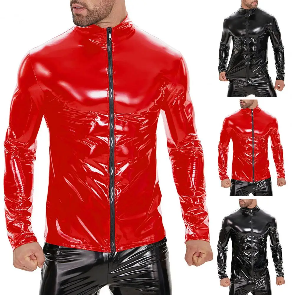 

Men Sexy Jacket Men's Faux Leather Party Nightclub Jacket with Stand Collar Zipper Closure Smooth Glossy Solid Color for Night