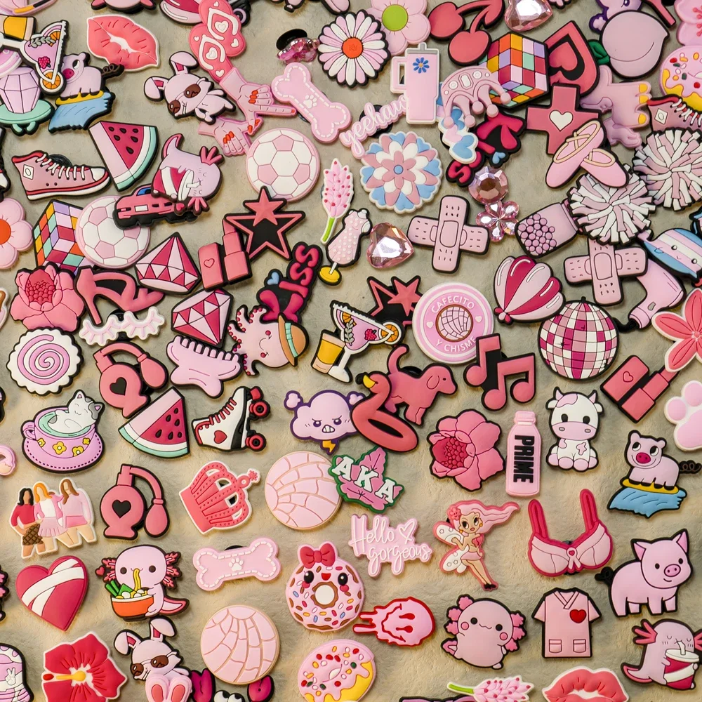 10/20/50/100pcs Random All Pink Shoe Charms Cartoon Cute Animal Plant Shoe Decorations Pins for Women Girl Sandals Accessories 2