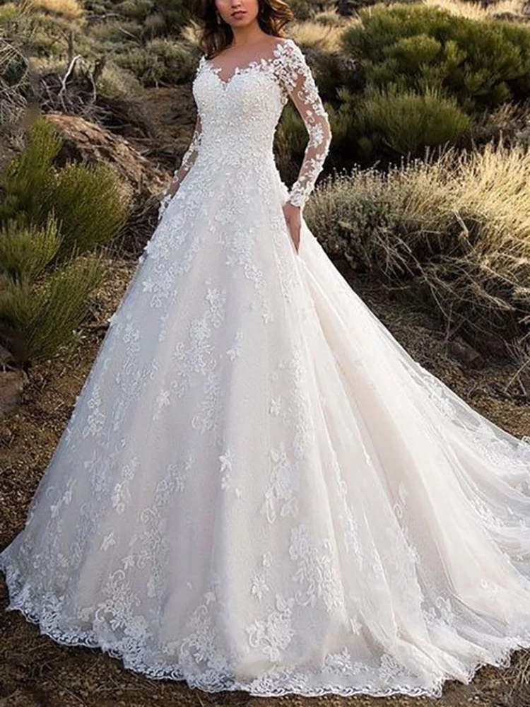 Lace Wedding Dress Women Sexy Heavy Industry Evening Dress Female Sexy V Neck Long Sleeve Slit Dress Ladies Tug tail Dress