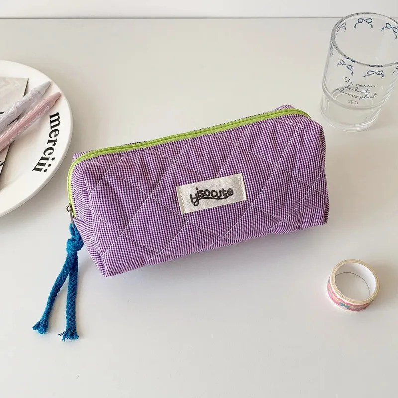 1PC 컬러 블로킹 체크무늬 연필 케이스, 여아용 문구류 수납 가방, 대용량 화장품 및 잡화 수납 가방