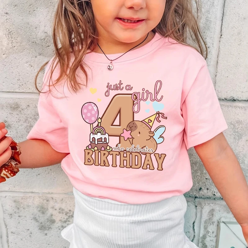 Girl Party T Shirts Capybara Birthday Party Clothes Girl Number Pink T Shirt Toddler Cartoon Print Short Sleeve Tops Cute Baby Kids Cotton Tee Shirt