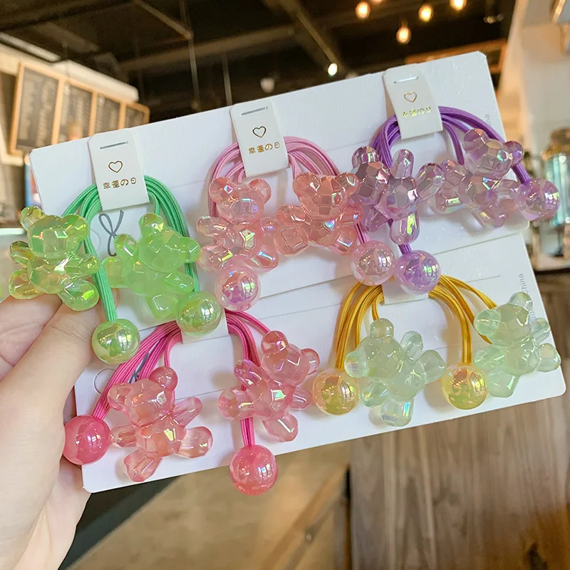 

2PCS Set Translucent Solid Color Section Bear Girl Long Elastic Hair Band Cute Simple Fancy Ponytail Rubber Ties Fashion Party