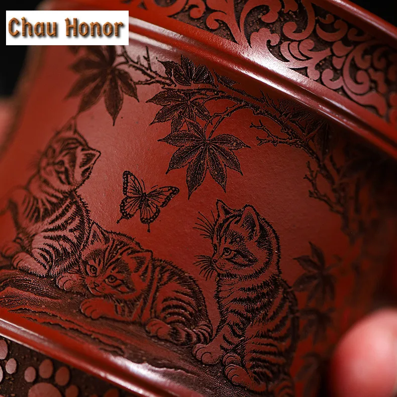 Handmade Engrave Cat Dog Purple Clay Teacup Antique Tea Bowl Jug Tea-tasting Personal Cup Chazhan Master Cups Tea Ceremony Craft