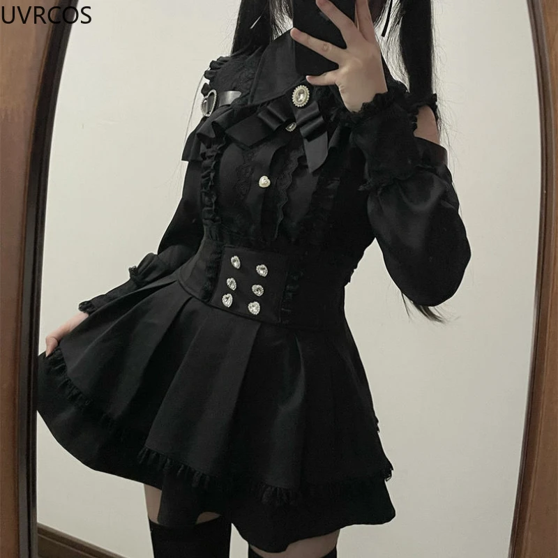 2024 Japanese Black Short Skirt Set Gothic Ruffle Mini Skirts Sexy Lace Off Shoulder Lolita Shirt Gown Faldas Y2k Aesthetic Suit 4