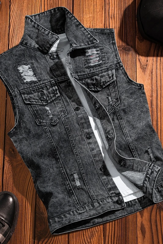New 2024 Spring Autumn Men Lapel Denim Vest Mens Casual Sleeveless Jeans Jacket Male Streetwear Solid Color Waistcoat D706 5