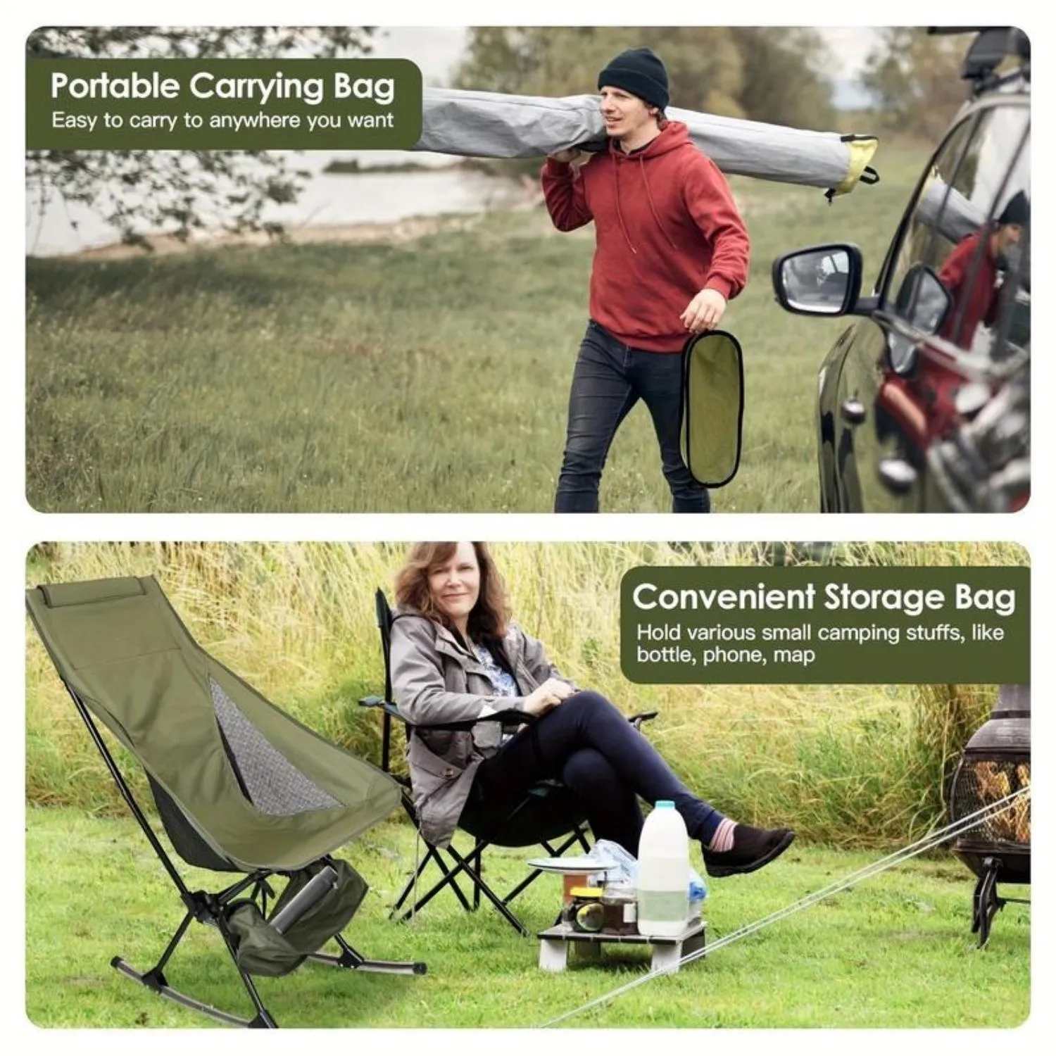 Portable Camping Rocking Chair 198LBS Weight Capacity Included Carry Bag High Back Rocker Chair For Patio Fishing Beach Lawn Tra 4