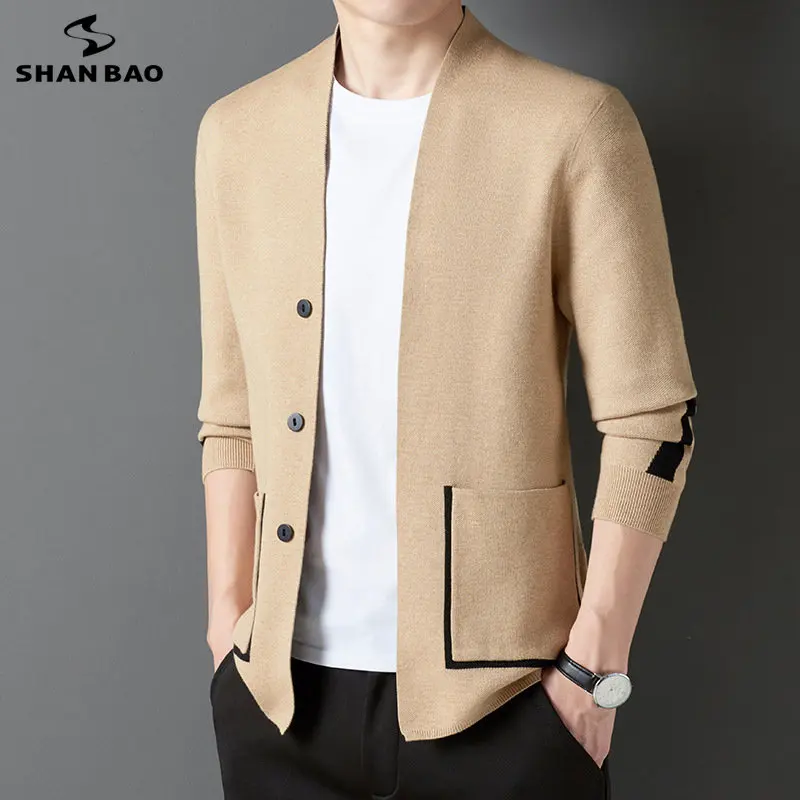 

SHAN BAO Autumn and Winter Pocket Thick Warm Wool Knit Elegant Simple Business Gentleman Casual Fitted Sweater Coat Camel Black