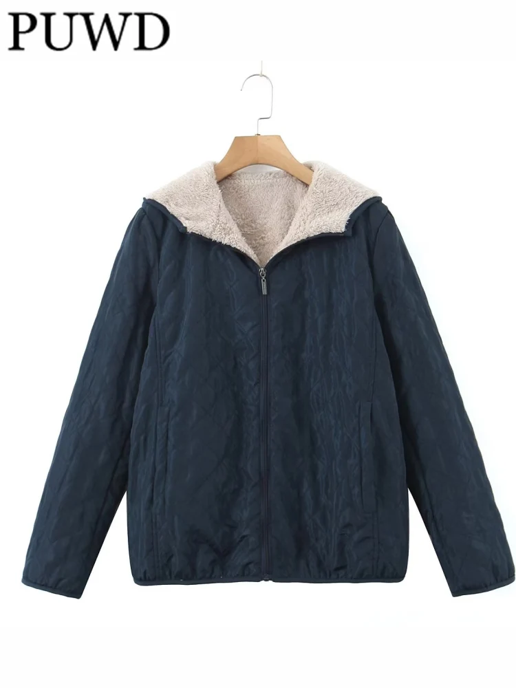 

PUWD Casual Women Blue Zipper-up Padded Jacket Coat 2022 Winter Fashion Ladies Vintage Hooded Long Sleeves Female Outwears