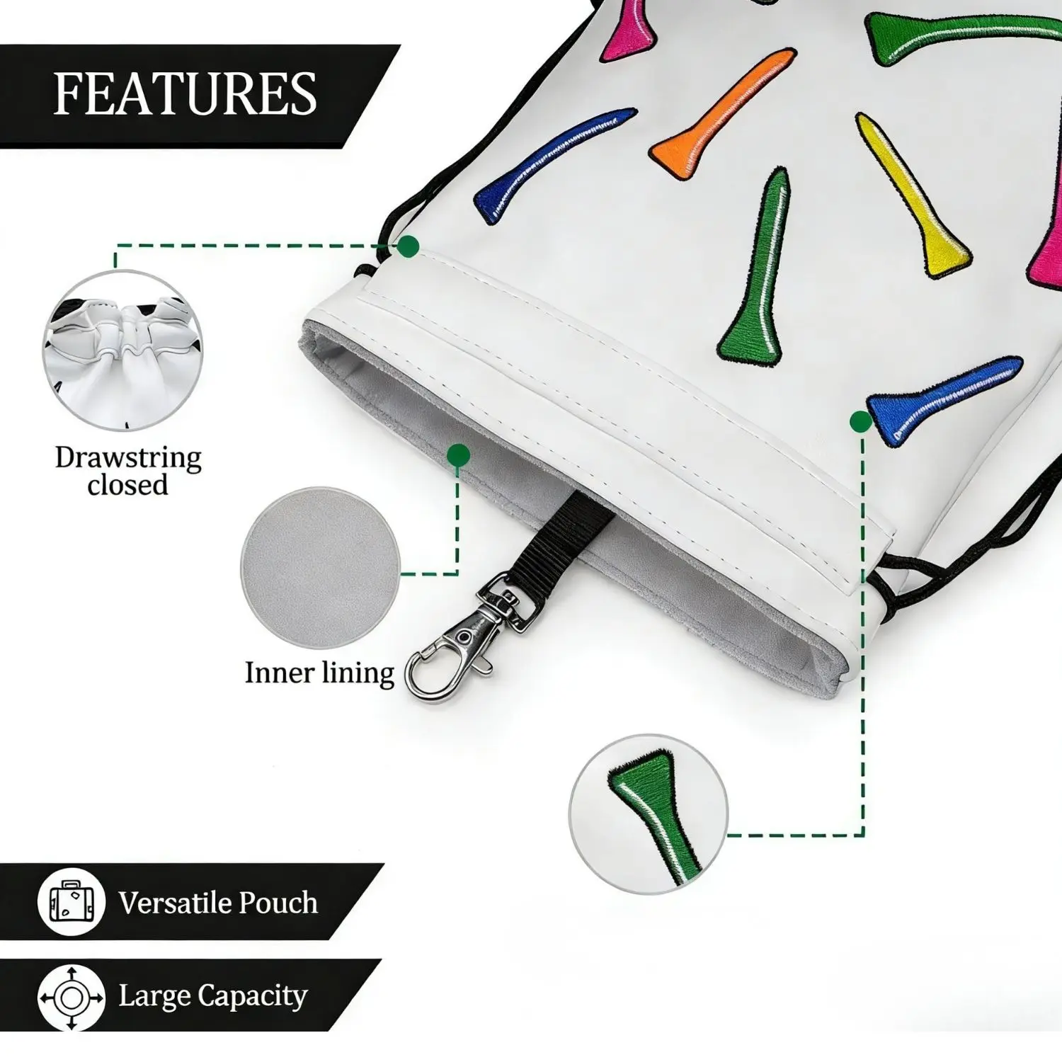 Golf-Themed PU Leather Valuables Pouch with Drawstring Closure