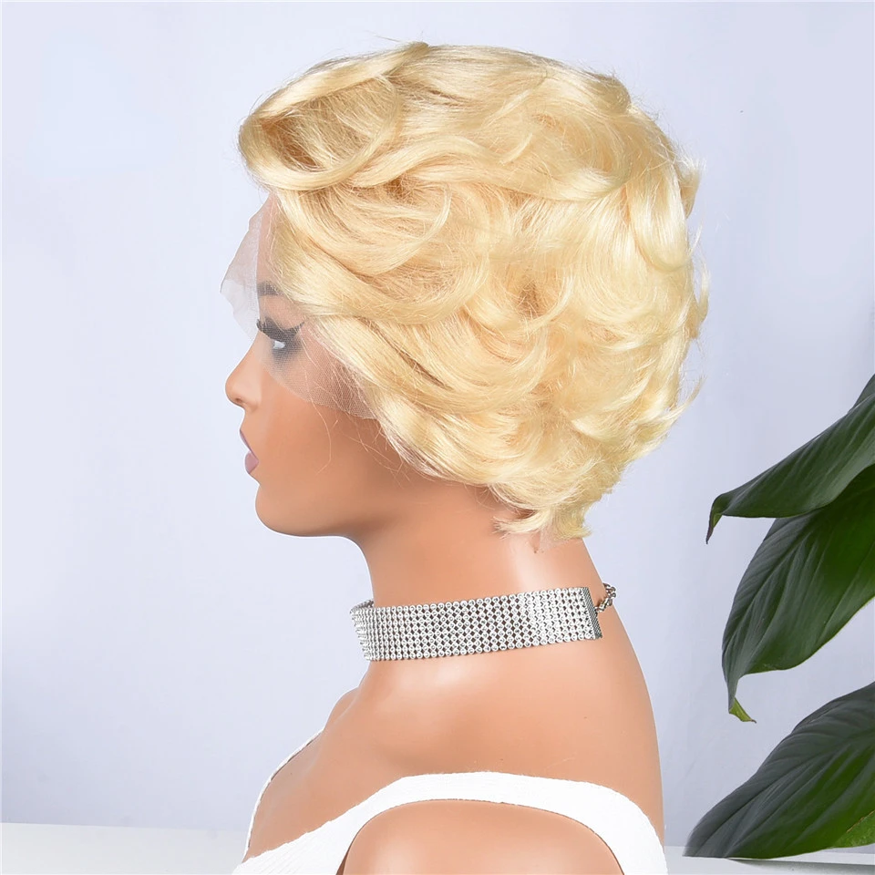 Blonde 13x1 Lace Pixie Cut Wigs Curly Wigs Remy Brazilian Blonde Lace Front Human Hair Pre Plucked Transparent
