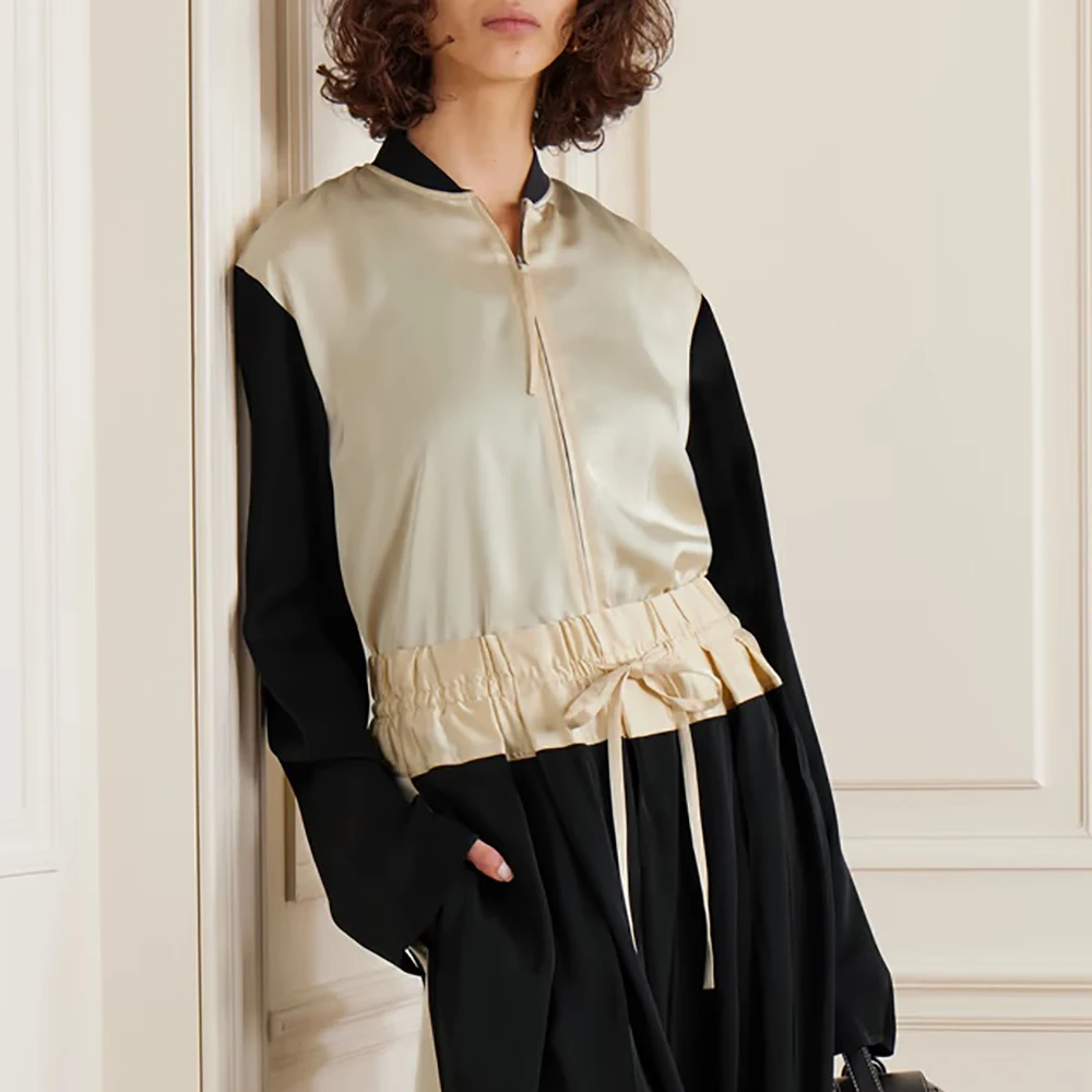 

Women's Clashing Color Splicing Double Zipper Blouse, Simple Commuter Shirt, Hundred Tops, New, Summer, 2024, Y2k