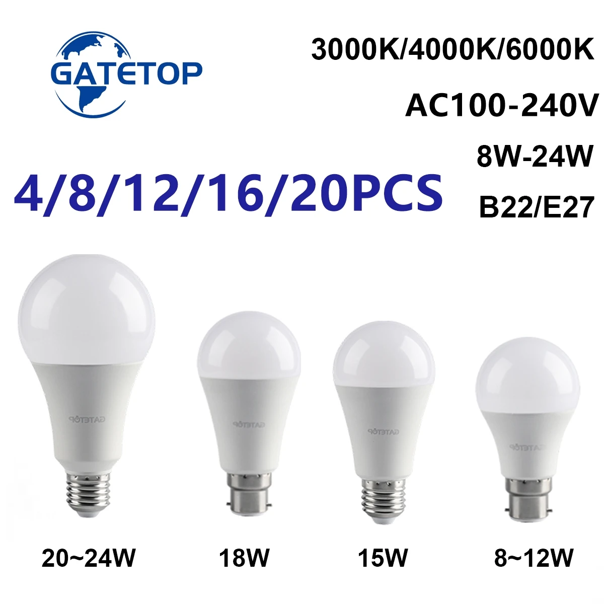 

4-20PCS AC110V/AC220V Led energy conservation Bulb Lamps E27 B22 Light Real Power 8W-24W No strobe warm white light