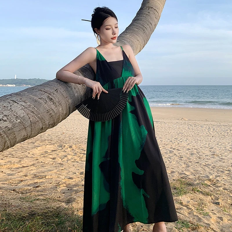 

Summer Tie-dye Vacation Beach Dresses Women Korean Version of the Robe V-neck Bohemian Lazy Wind Swing Elegant Chic A-line Type