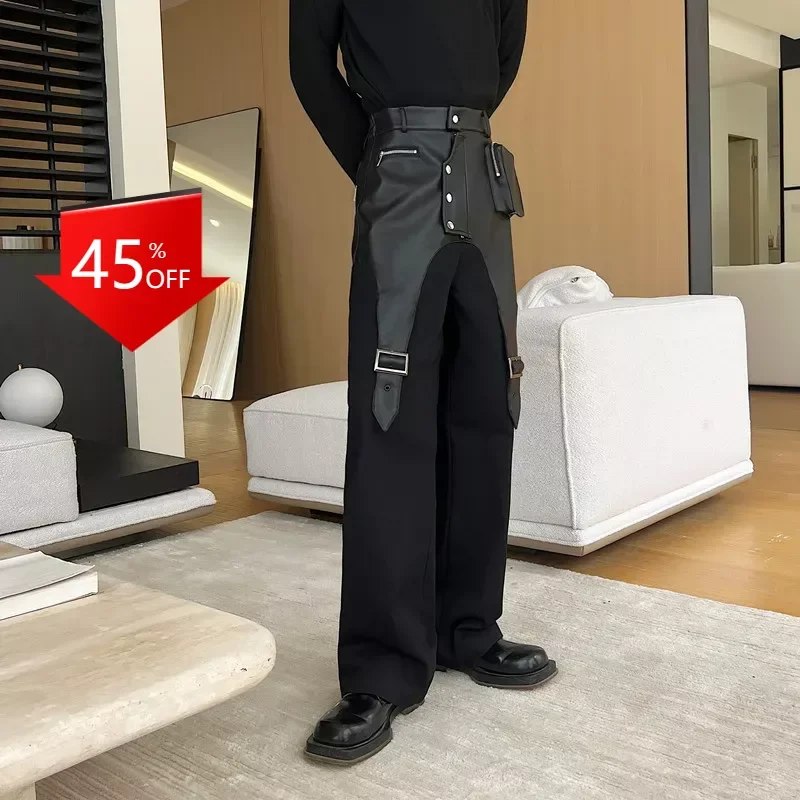 

Y2K PU leather stitching casual straight tooling wide legs joggers men clothing pants 하렘 바지 mens pants 1:1 cargo pants men