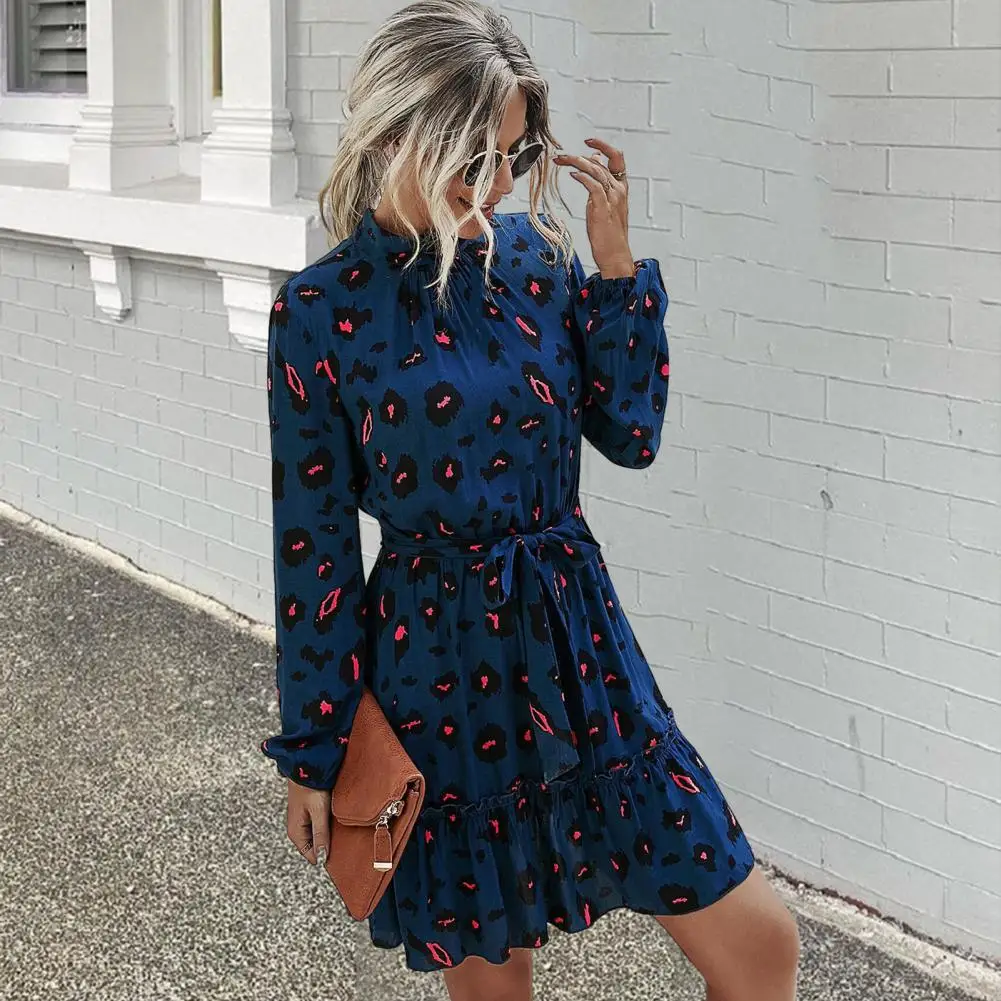 

Women Printed Mini Dress Lightweight A-line Dress Elegant A-line Fall Dress Lace Up Stand Collar Big Hem for Women's Party Tight
