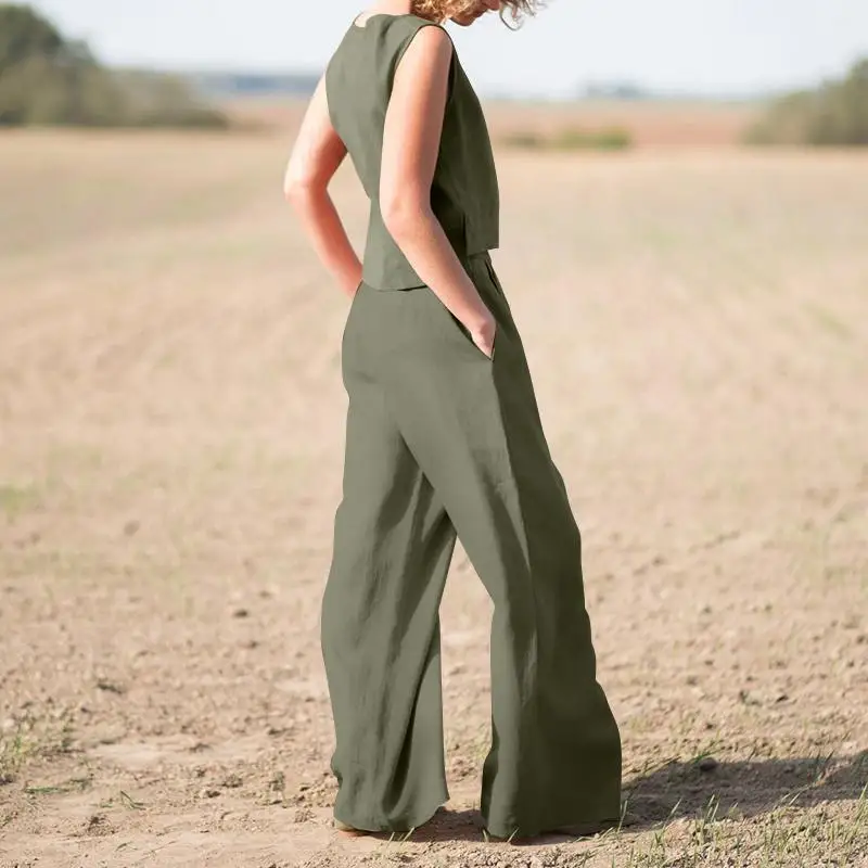 Women's Suit 2025 Women's Solid Color Retro Pants Suit Cotton and Linen Casual Long Sleeve Loose Cotton Suit 2 Piece Set 3