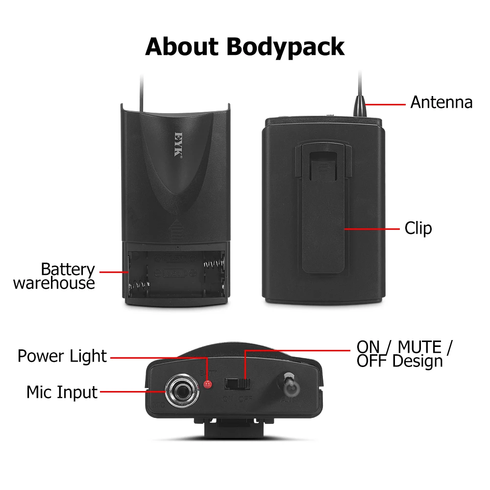 Eyk E220u Uhf Duplo Canais sem Fio Microfone Bodypack Transmissor com Fone de Ouvido e Lapela de Lavalier Mic para Discurso da Igreja - Image 4