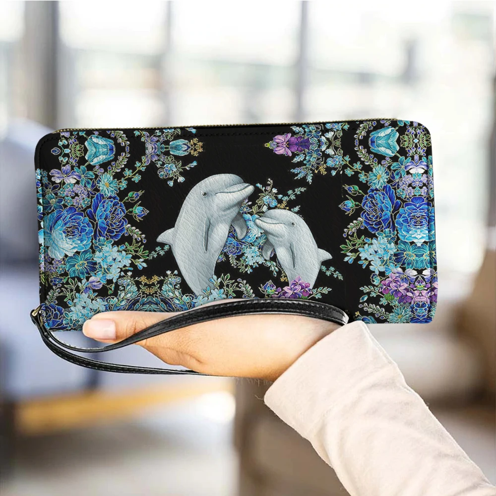 

Fashion Designer Wallet Dolphin Blue Floral Print Female PU Leather Coin Purse Lady Money Bag for Women Card Holder with String