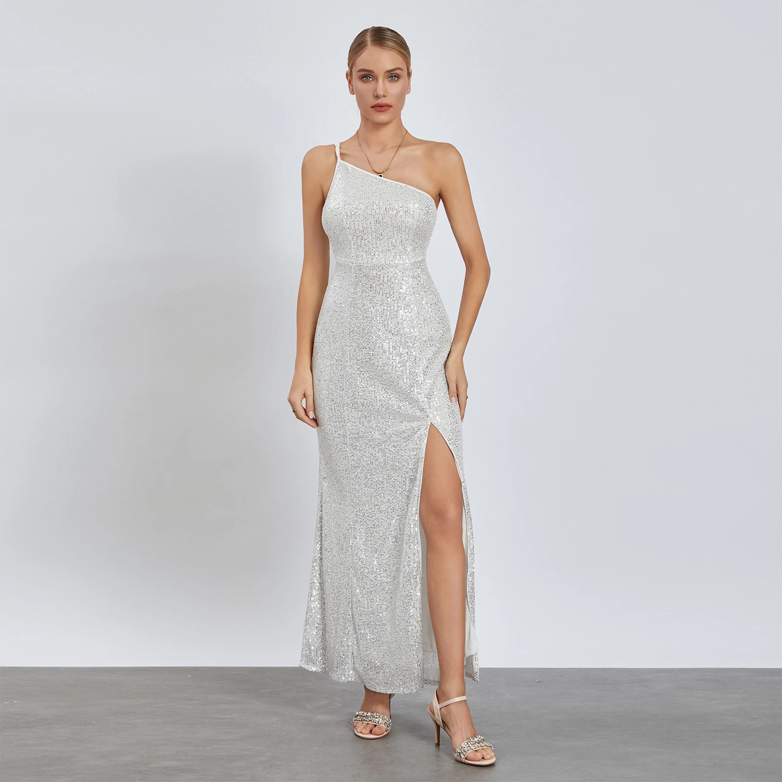 

Women One Shoulder Sleeveless Long Dress Summer Sequins Spaghetti Strap Party Club Split Dress for Cocktail Beach Streetwear