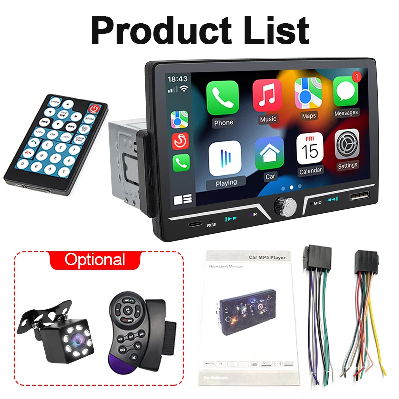 7" Car Radio Wireless/Wire Carplay Android Auto 1Din HD Touch Screen Bluetooth U