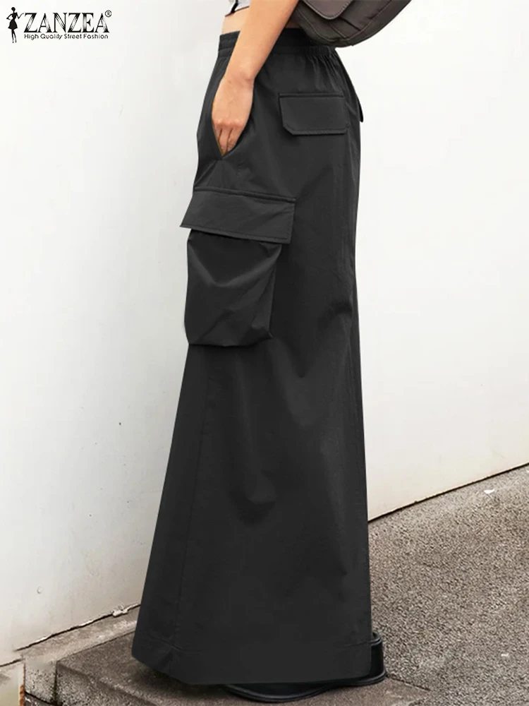 ZANZEA-Jupe Longue Cargo Vintage pour Femme, Tenue Élégante de Bureau, Grandes Poches, Taille artificiel astique, Streetwear, Automne 2024