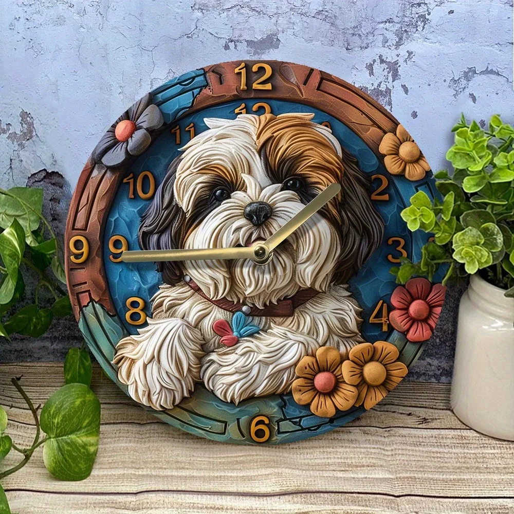 Wooden wall clock with a cute Shih Tzu design, perfect for home decor. Requires AA batteries 5