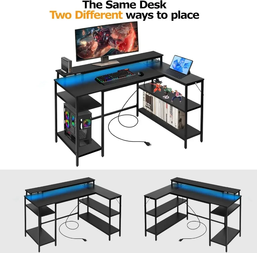 L Shaped Gaming Desk with LED Lights & Power Outlets, Reversible Computer Desk with Stand & Shelves 6