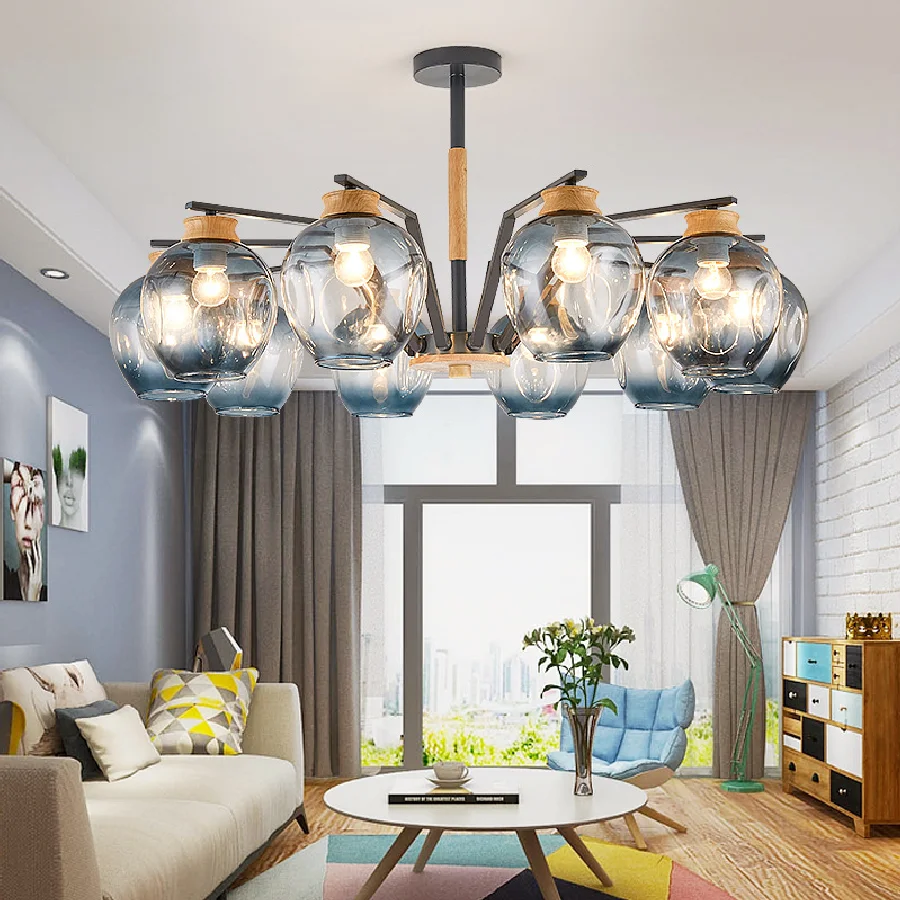 

Modern LED chandeliers iron & wood suspended lamps luxury glass home deco fixtures living room luminaires bedroom hanging li
