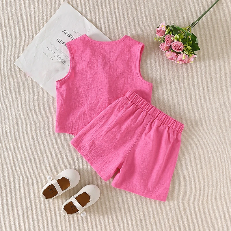 FOCUSNORM Fashion Little Girl Summer Clothes Sets Solid Sleeveless Single Breasted V-Neck Tank Tops + Elastic Waist Shorts