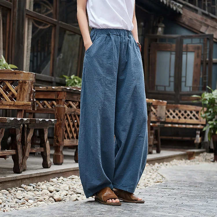 Vintage Style Cotton Linen Women Pants 2022 Spring Summer New Elastic Waist Solid Color Women Vintage Wide Leg Pants RV911 nike pants