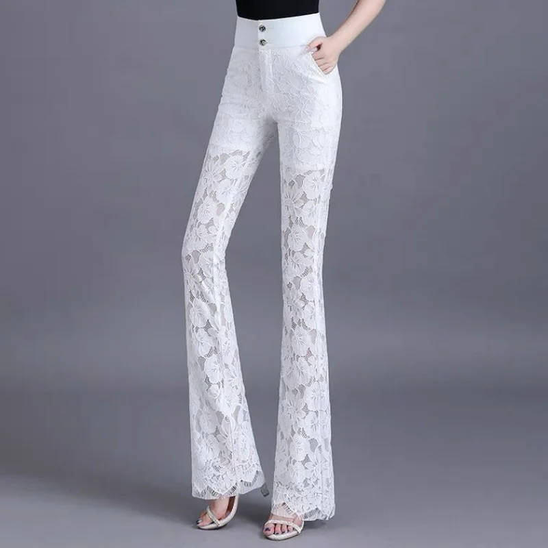 Korean Fashion Summer Flare Pants Women Solid Patchwork Lace Button Zipper Pocket Breathable High Waist Slim Straight Trousers