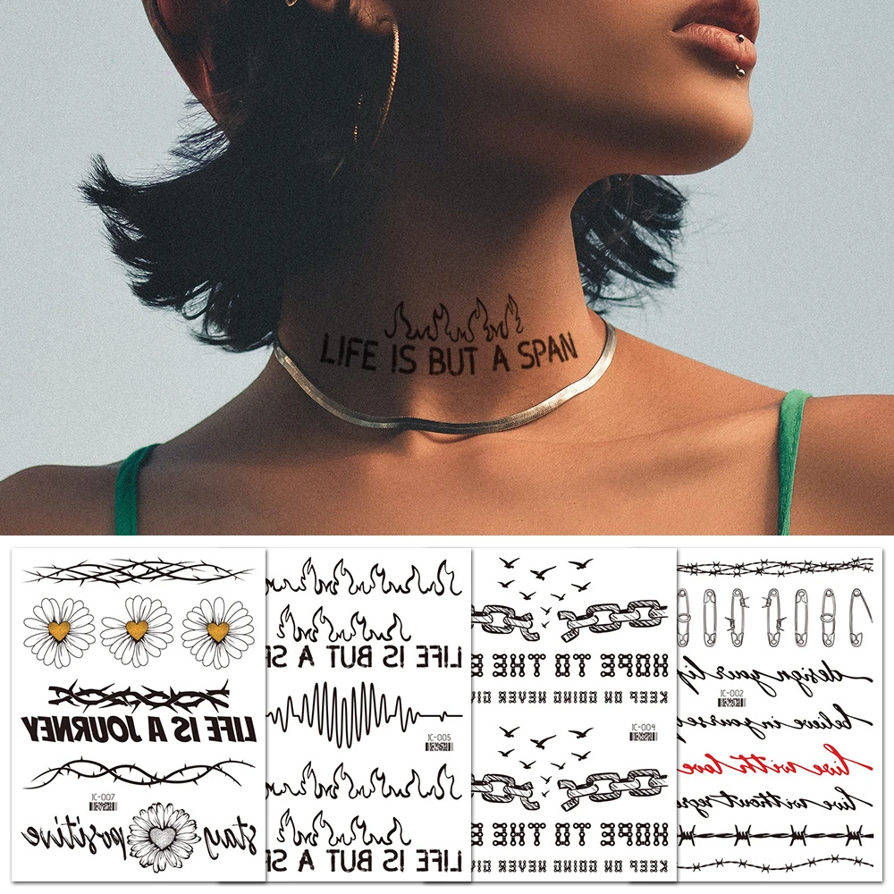 

Rocooart водонепроницаемые Временные татуировки на шею черные слова английская цепочка с буквами Молния флэш-тату поддельные татуировки для женщин и мужчин