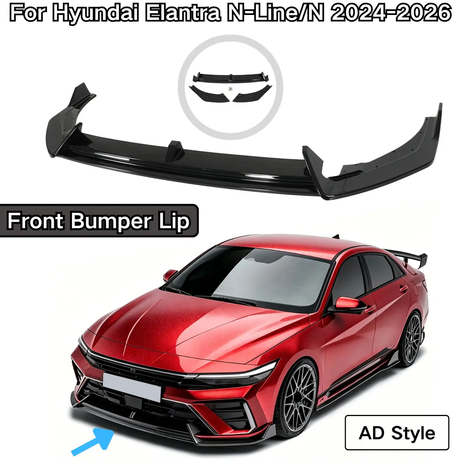 For Hyundai Elantra N-Line/N 2024-2026 Front Bumper Lip Glossy Black Carbon Fiber Painted Spoiler Car Accessories Body Kit