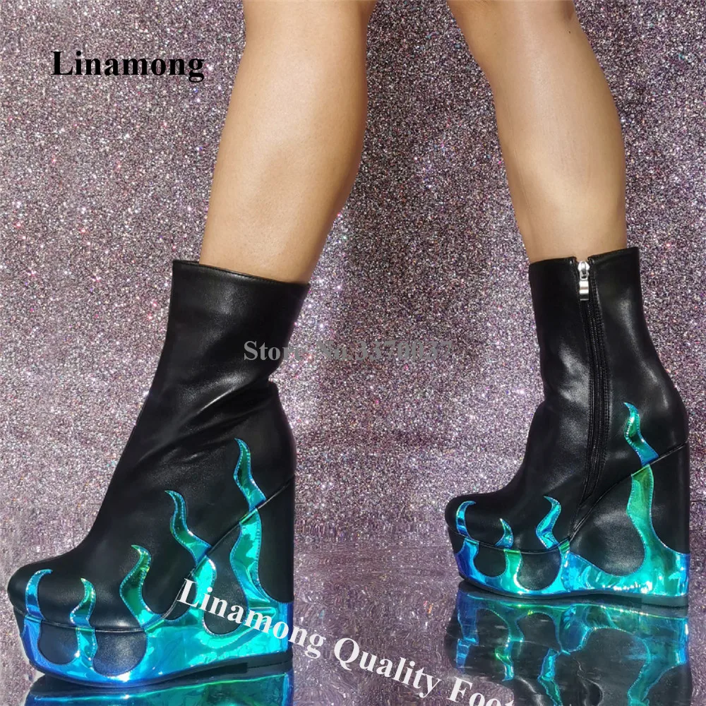 

Linamong Charming Blue Flame Shaped Wedge Short Boots Round Toe Black Patchwork High Platform Wedge Ankle Booties Big Size