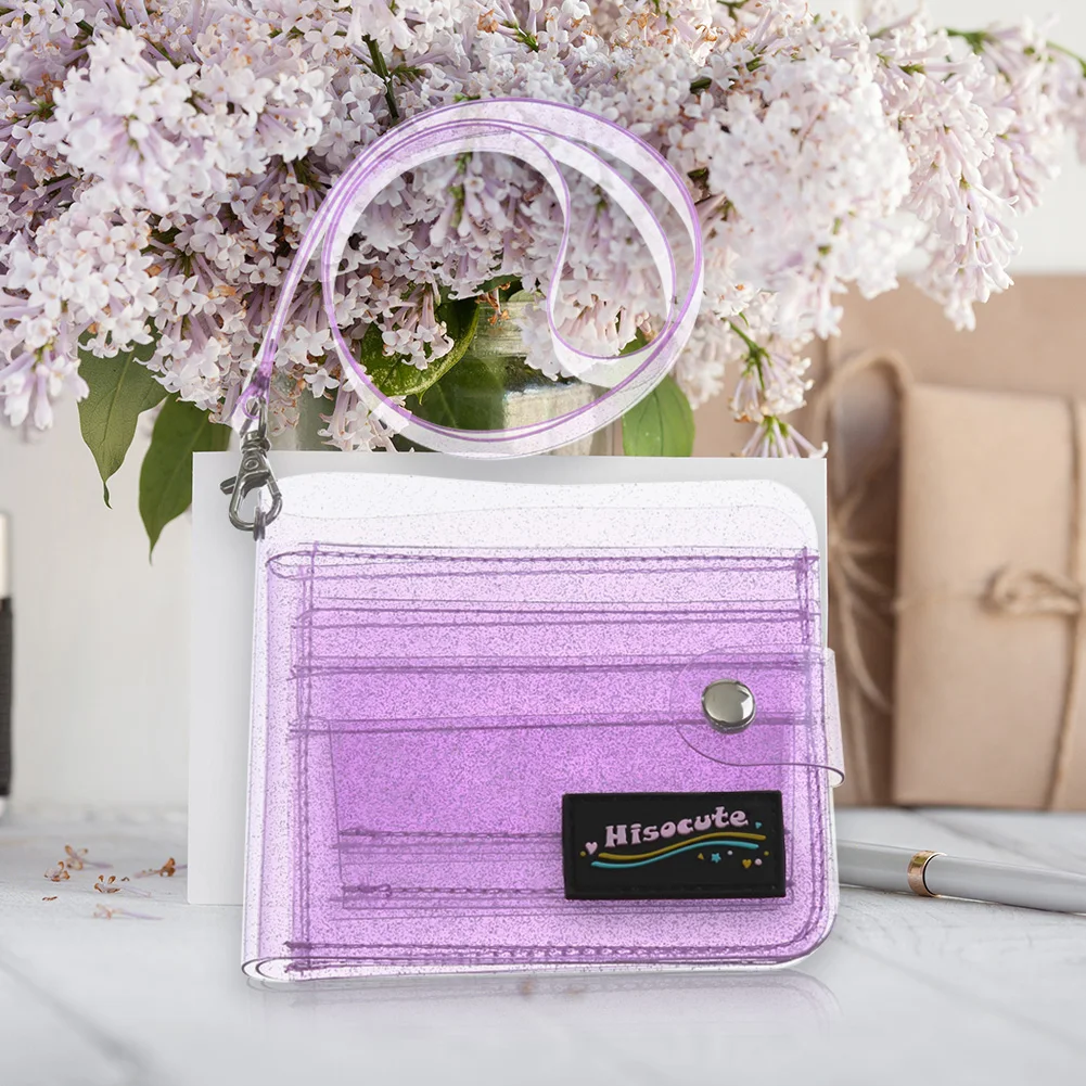 Bling Clear ID Card Holder PVC Women Folding Money Clip Wallet (Purple)