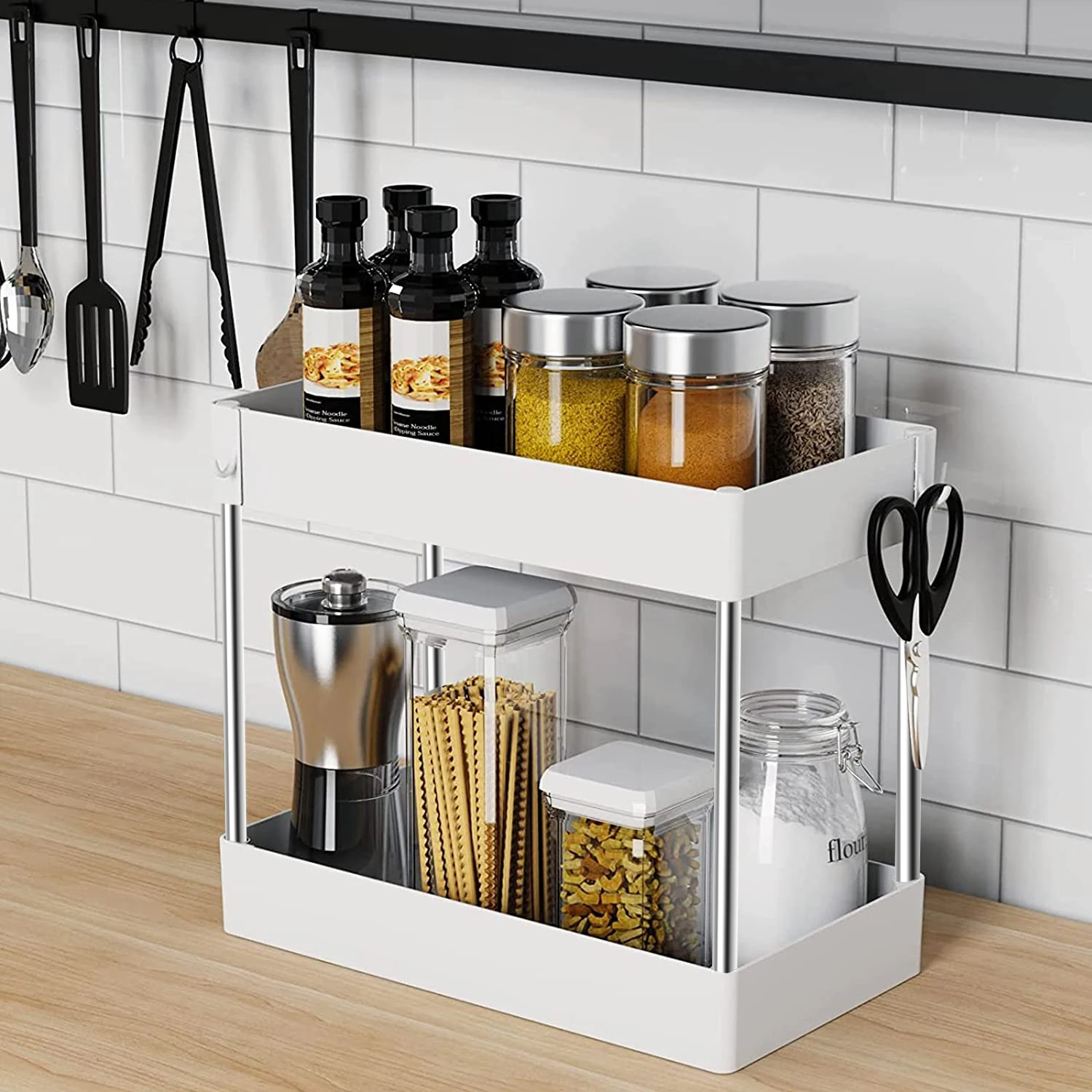 Organizador Cocina 2 Niveles, Organizador bajo Fregadero, Estanterias  Almacenaje con 4 Ganchos, Under Sink Organizer : : Hogar y cocina