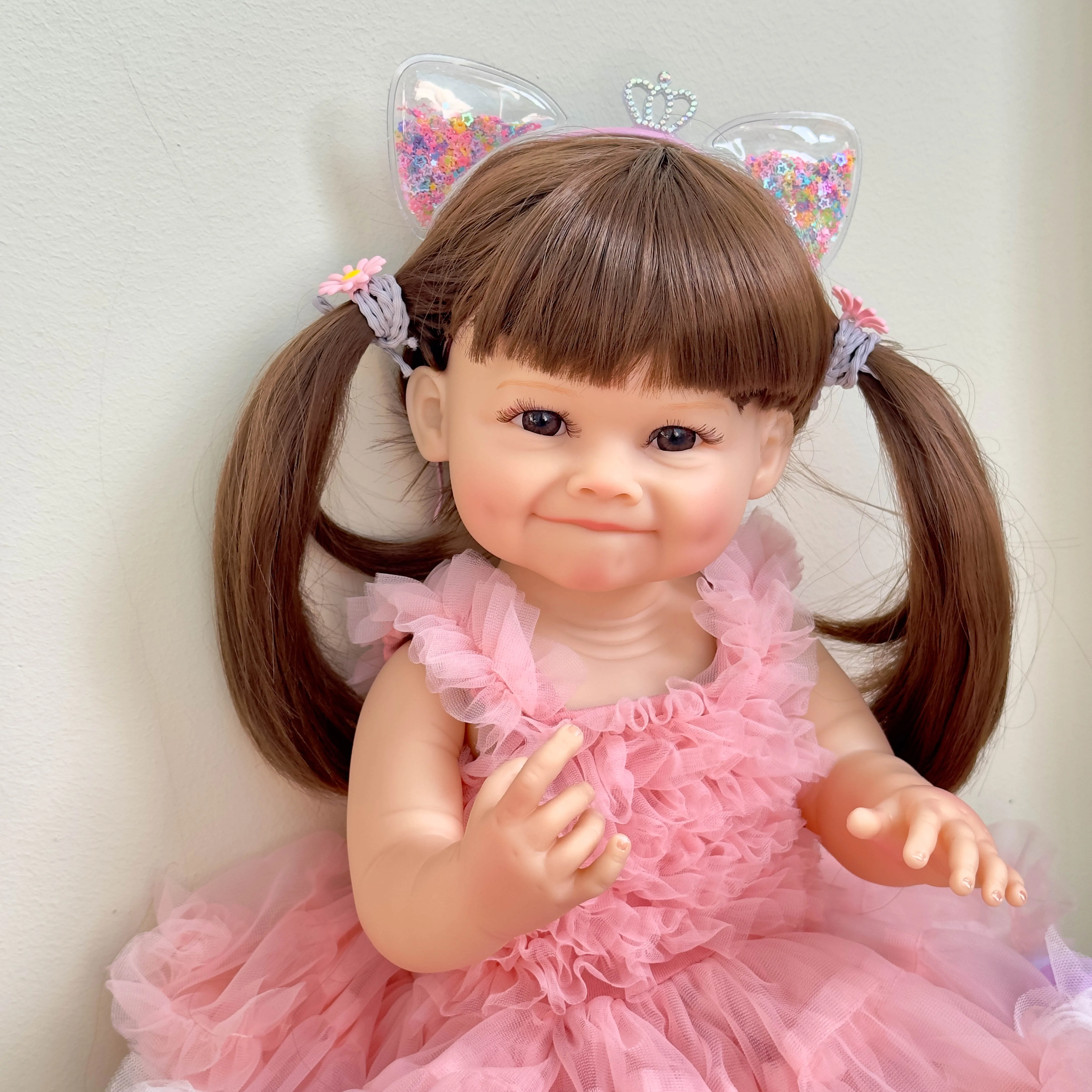 NPK 55CM Reborn Toddler Doll with Pink Dress Full Body Soft Silicone Raya Lifelike Soft Touch High Quality Doll Gifts 5