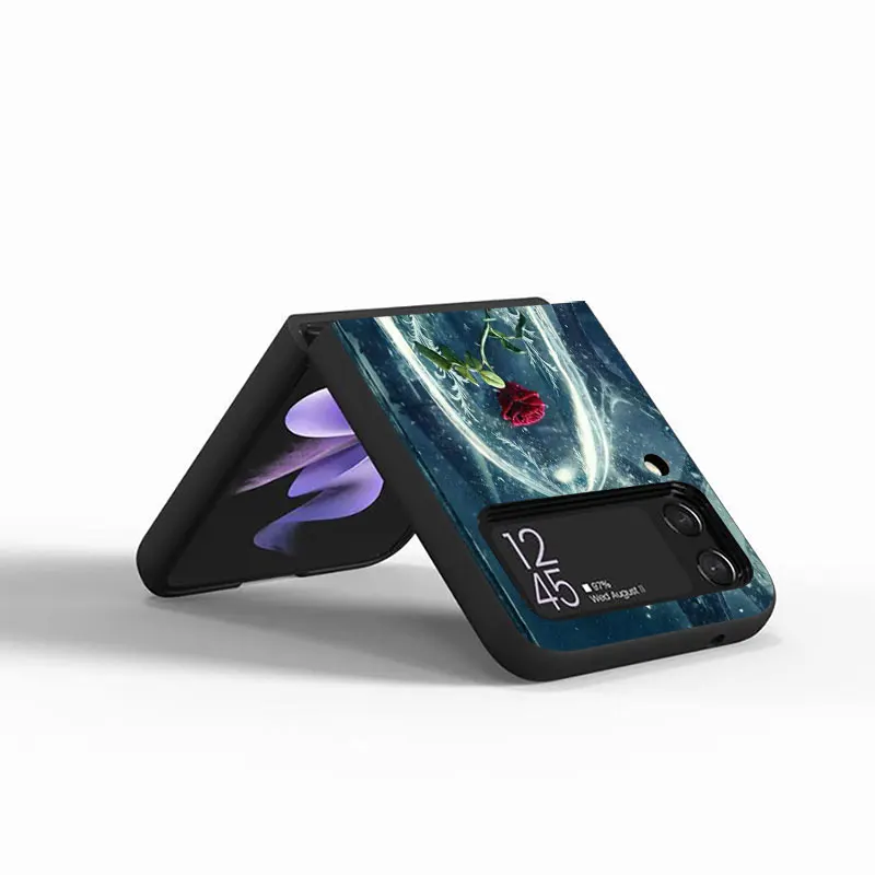 Funda 삼성 갤럭시 Z 플립 3 4 5G Flip3 Flip4 용 케이스, 블랙 PC 하드 럭셔리 백 폰 커버, 미녀와 야수 쉘