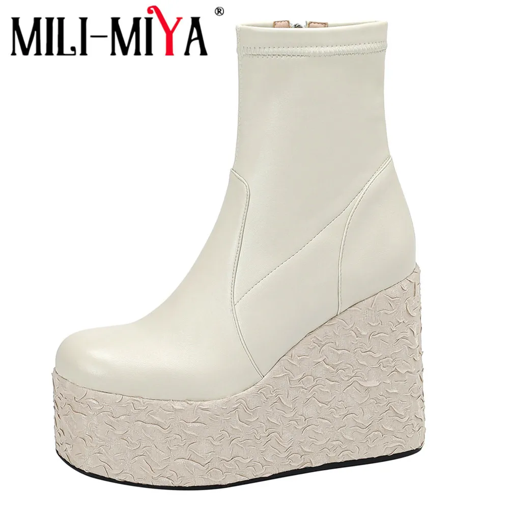

MILI-MIYA New Arrival Women Stretch Microfiber Ankle Boots Platform Super High Wedges Round Toe Zippers Plus Size 34-42 Handmade