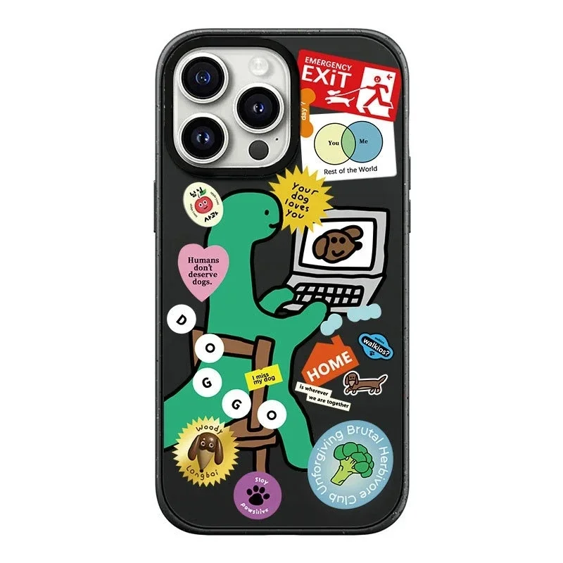 

Cartoon Dinosaur Black Frosted iPhone 13 15 14 Pro Max Protective Case, Fits iPhone 15 Pro Max