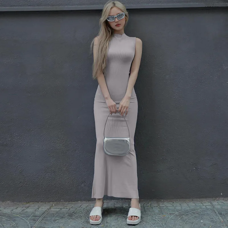Vestido largo liso sin mangas para mujer, ajustado, con hombros descubiertos, elegante, ajustado, para fiesta, de verano