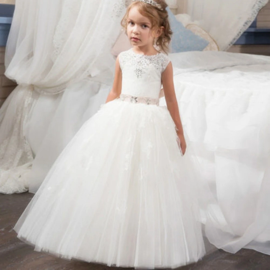 

Flower Girl Dress White Fluffy Tulle Bow Sparkly Decal Beaded Wedding Elegant Flower Child's Eucharistic Birthday Party Dress