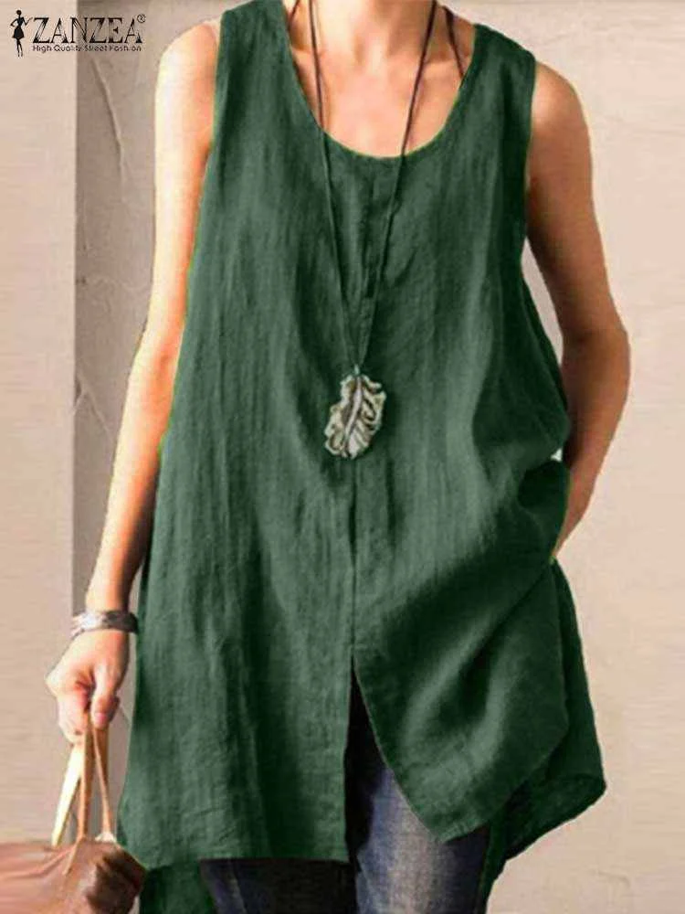 Vintage Solid Tanks Tops Loose Beach Blusas Cotton Camis Tunic ZANZEA Women Sleeveless Blouse Summer Split Shirt Casual Chemise 3