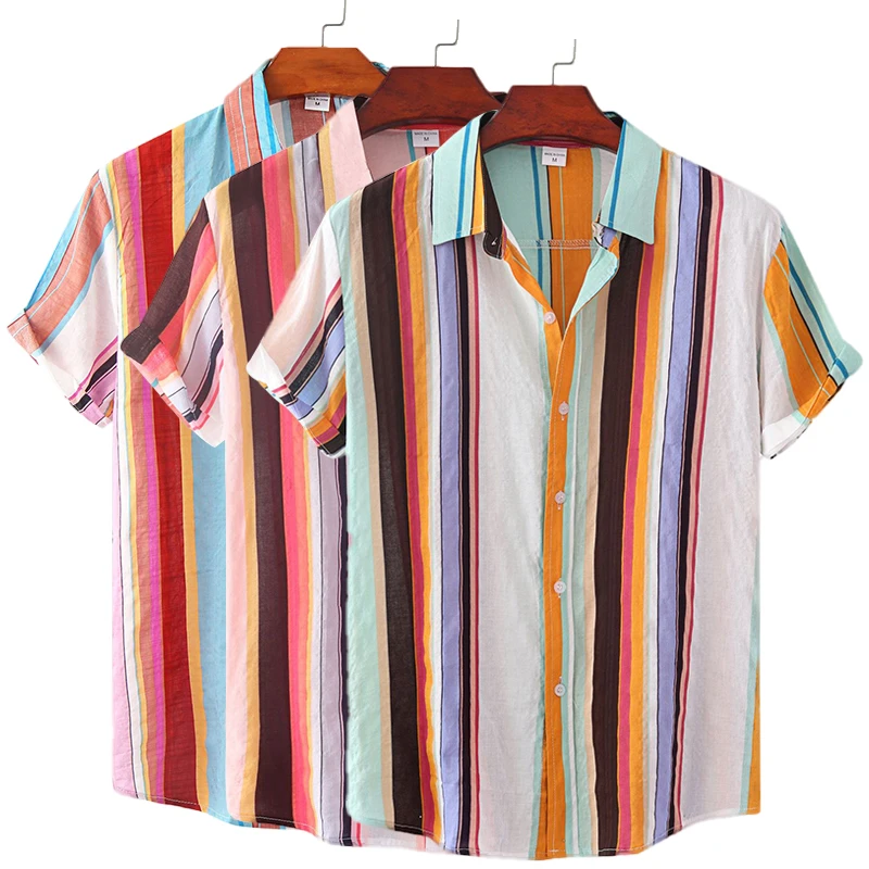

Men's Cotton Polyester Summer Short Sleeve Shirt Striped Pattern Breathable Hawaiian Beach Male Shirts Casual Blouse For Men