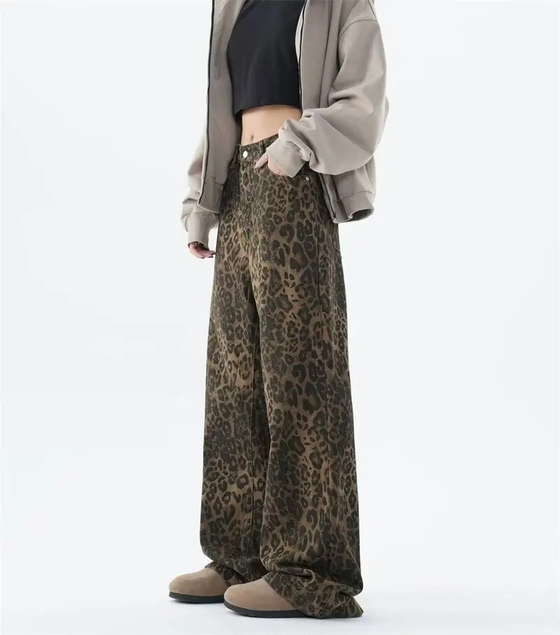 American Retro Leopard Print Jeans For Women's Autumn Design Sense Niche Straight Tube Workwear Casual Pants Trend