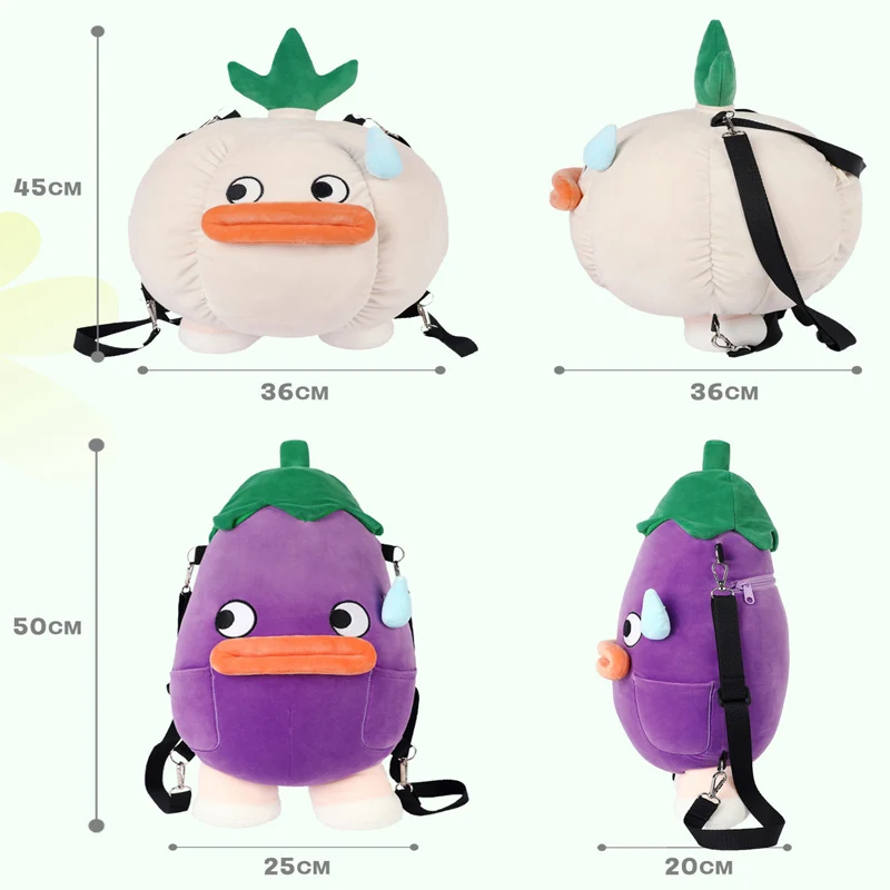 Lifelike Garlic Eggplant Knapsack Plushie Toys Stuffed Cute Plants Sausage Mouth Soft Backpack Dolls for Girls Kids Xmas Gifts